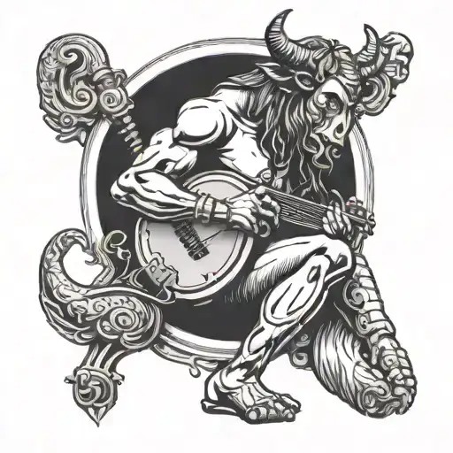 sad sitting minotaur with scars and tattos playing a lyre  tattoo design idea