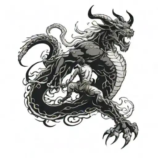 minotaur fighting a chinese dragon entire back  tattoo design idea