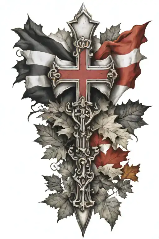 Cross with German and Italian flag crossed behind it on flag poles draped down the side with maple leaf at bottom  tattoo design idea