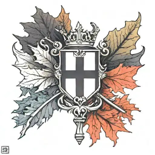 Cross with Germany and Itaily flag crossed behind it on flag poles draped down the side with maple leaf at bottom tattoo design idea