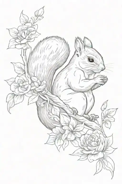 squirrel & bird in flowers tattoo design idea