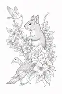 squirrel & bird in flowers tattoo design idea