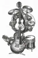A tattoo design featuring a guitar and drum set intertwined to represent your love for music and playing instruments tattoo design idea