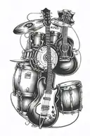 A tattoo design featuring a guitar and drum set intertwined to represent your love for music and playing instruments tattoo design idea