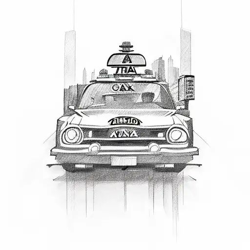 A sketch-style tattoo of a taxi cab surrounded by children's toys tattoo design idea