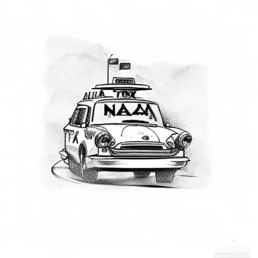 A sketch-style tattoo of a taxi cab surrounded by children's toys tattoo design idea