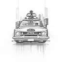 A sketch-style tattoo of a taxi cab surrounded by children's toys tattoo design idea