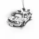 A sketch-style tattoo of a taxi cab surrounded by children's toys tattoo design idea