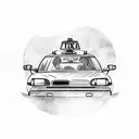 A sketch-style tattoo of a taxi cab surrounded by children's toys tattoo design idea