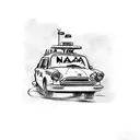 A sketch-style tattoo of a taxi cab surrounded by children's toys tattoo design idea