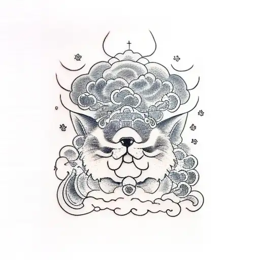 Fu dog shoulder tattoo, with clouds and a cat tattoo design idea