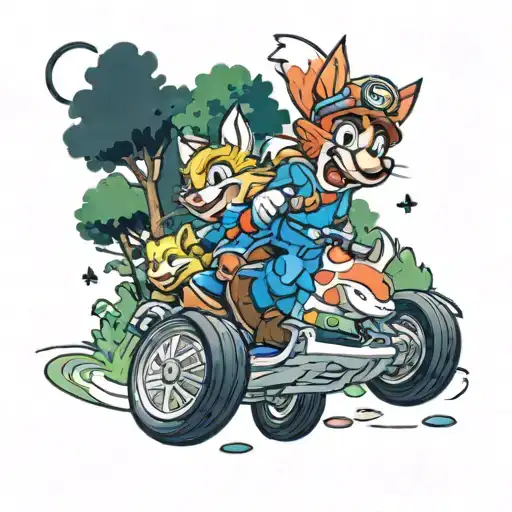 A whimsical scene of Mario Kart characters racing through a forest filled with hidden references to Zelda and Alice in Wonderland, with a fox watching from a distance tattoo design idea