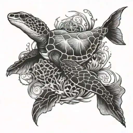 ocean sleeve with sea turtle, hammerhead shark, and jellyfish tattoo design idea