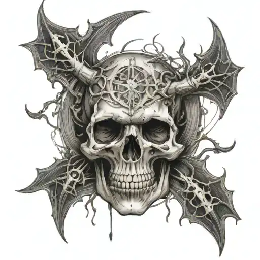 skull with veins and mystical devil symbols tattoo design idea