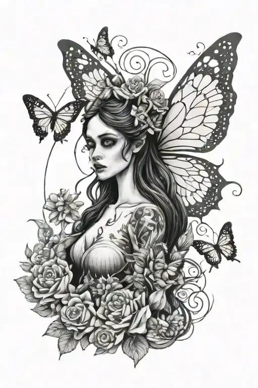 A hauntingly beautiful portrait of the Corpse Bride with intricate butterfly wings, symbolizing transformation and freedom tattoo design idea