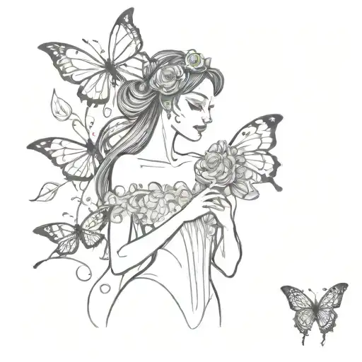 A sketch-style tattoo of a silhouette of the Corpse Bride holding a bouquet of butterflies, capturing the essence of both darkness and light tattoo design idea