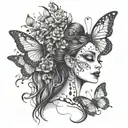 An abstract design combining elements of the Corpse Bride and butterflies in a dotwork style, creating a unique and mesmerizing tattoo tattoo design idea
