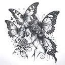 An abstract design combining elements of the Corpse Bride and butterflies in a dotwork style, creating a unique and mesmerizing tattoo tattoo design idea
