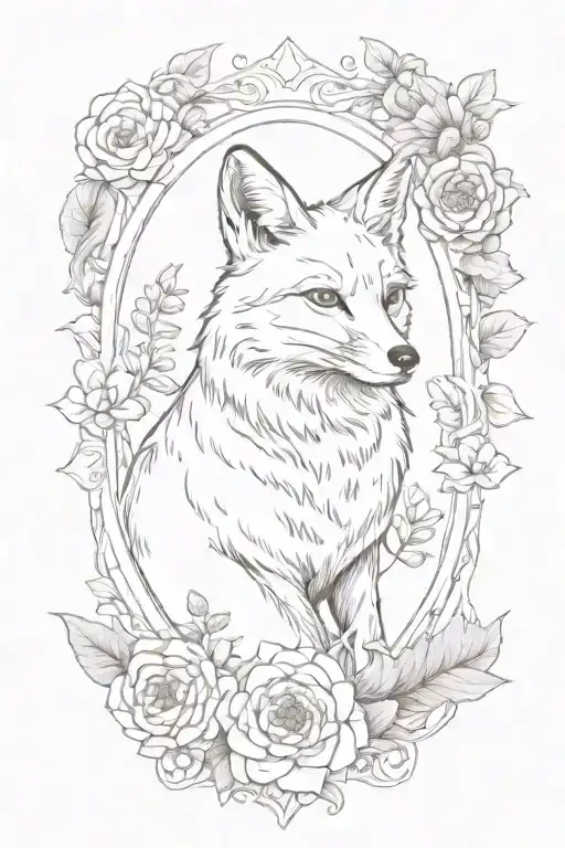 a fox in a boarder adorned with rubies surrounded by marigolds there's a honeysbee on a marigold tattoo design idea
