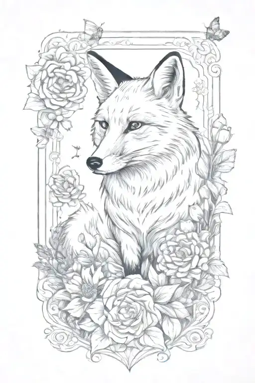 a fox in a boarder adorned with rubies surrounded by marigolds. Theres two honeybees flying on opposite sides tattoo design idea