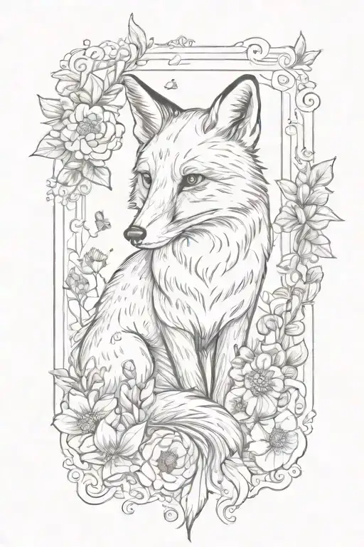a fox in a boarder adorned with rubies surrounded by marigolds and honeybees tattoo design idea