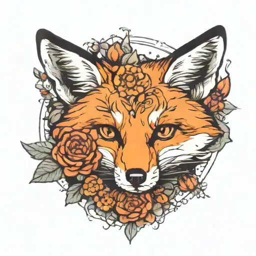 a fox in a boarder adorned with rubies surrounded by marigolds and honeybees tattoo design idea