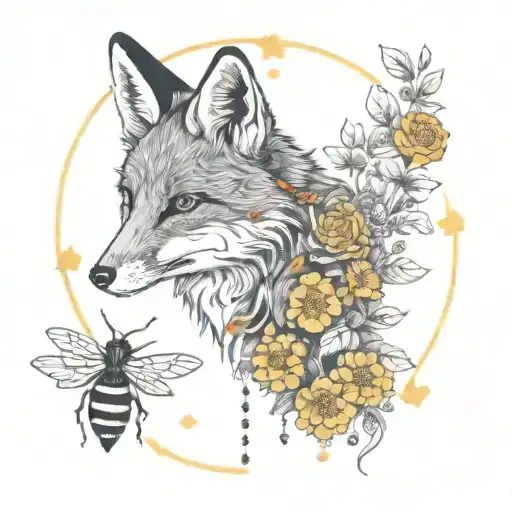 a fox in a boarder adorned with rubies surrounded by marigolds and honeybees tattoo design idea