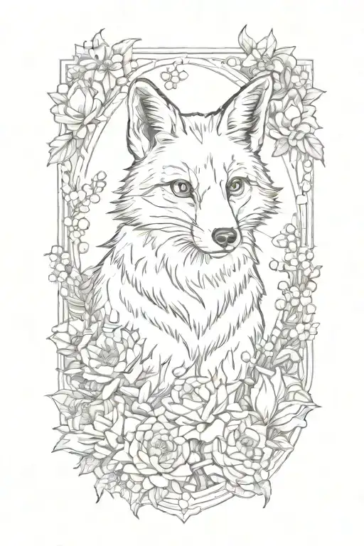 a fox in a boarder adorned with rubies surrounded by marigolds,  a honeysbee on a marigold tattoo design idea