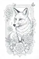 a fox in a boarder adorned with rubies surrounded by marigolds. Theres two honeybees flying on opposite sides tattoo design idea