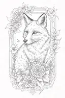 a fox in a boarder adorned with rubies surrounded by marigolds. Theres two honeybees flying on opposite sides tattoo design idea