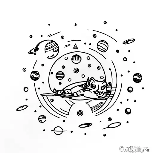 A minimalist tattoo of a cat floating in space with planets in the background tattoo design idea