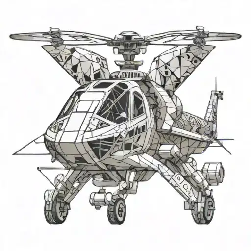 A stylized tiger helicopter transitioning into geometric shapes, with technical lines symbolizing my dad's engineering. tattoo design idea