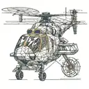 A stylized tiger helicopter transitioning into geometric shapes, with technical lines symbolizing my dad's engineering. tattoo design idea