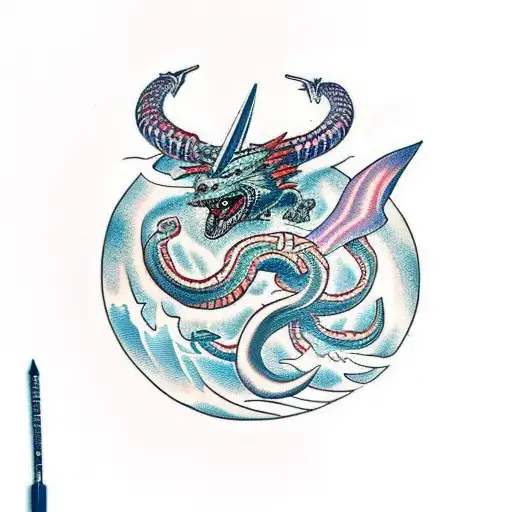 thor fighting the midgard serpent at sea tattoo design idea