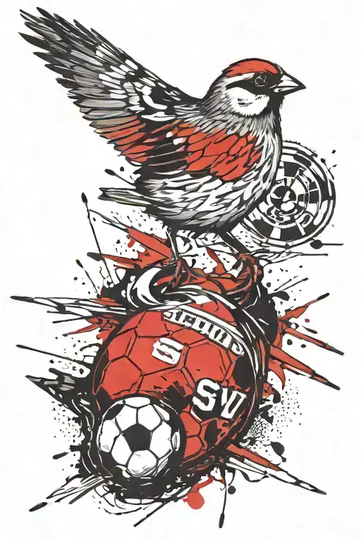 sparrow on a football looking angry in black and white with the letters SSV  tattoo design idea