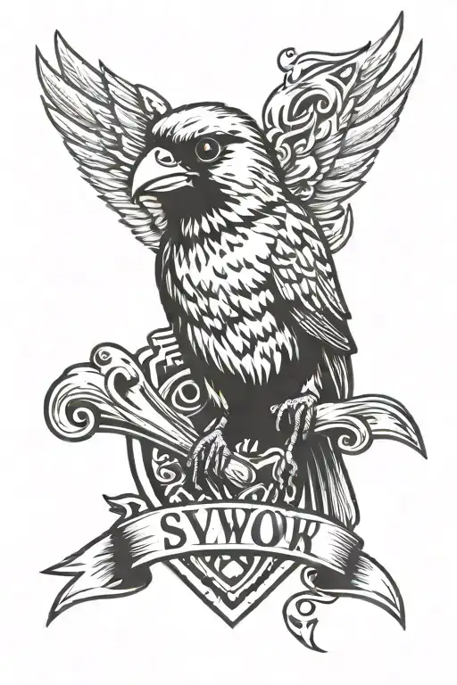 angry sparrow holding up a sign with the  letters SSV tattoo design idea