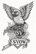 angry sparrow holding up a sign with the  letters SSV tattoo design idea