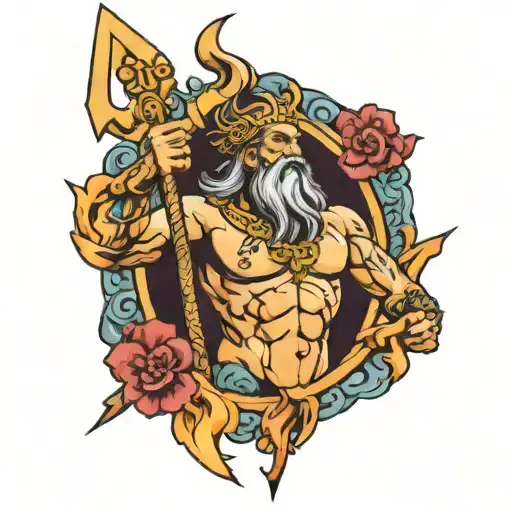 poseidon holding trident with lightning bolts around it tattoo design idea