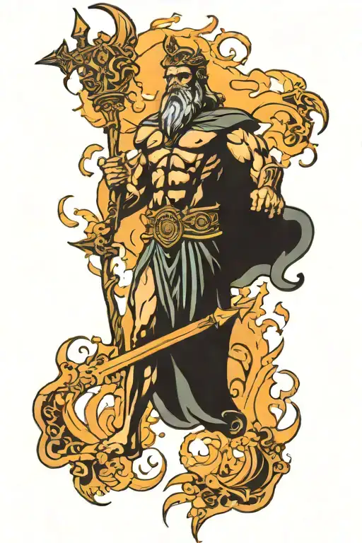 poseidon holding trident with lightning bolts around it tattoo design idea