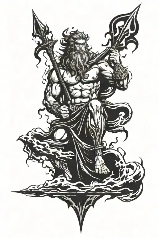 poseidon holding trident with lightning bolts around it tattoo design idea