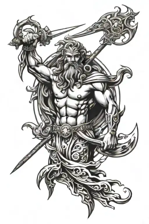 poseidon holding trident with lightning bolts around it tattoo design idea