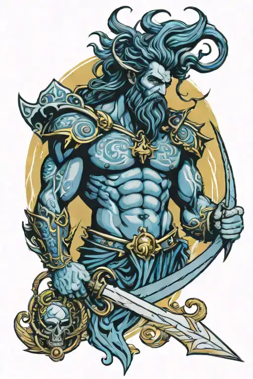poseidon holding trident with lightning bolts around it and blue details tattoo design idea