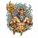 poseidon holding trident with lightning bolts around it tattoo design idea