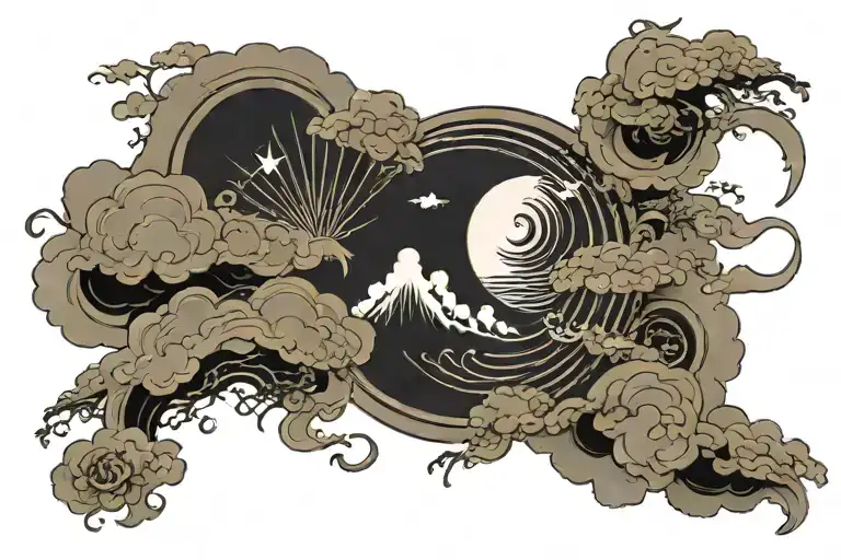 clouds sun moon lines tattoo design idea