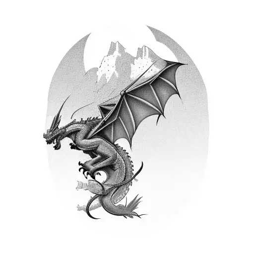 A black and grey tattoo of a dragon soaring through the Rocky Mountain skyline tattoo design idea