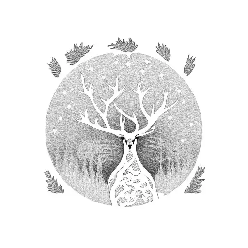 yew tree with fawn, negative space tattoo design idea