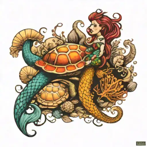 mermaid. octopus. turtle and seashells arranged tattoo design idea