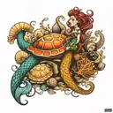 mermaid. octopus. turtle and seashells arranged tattoo design idea