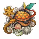 mermaid. octopus. turtle and seashells arranged tattoo design idea