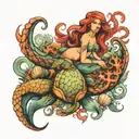 mermaid. octopus. turtle and seashells arranged tattoo design idea